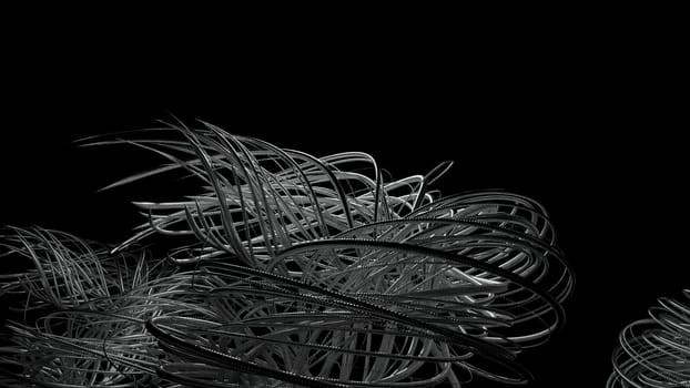 Lines move creating shape. Design. Lines move and rise, freezing on black background. Lines twist into spirals solidifying.