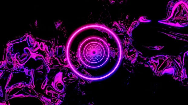 Flying fast through the digital neon glowing tunnel on a black background, seamless loop. Design. Concept of energy, hypnotic flying rings
