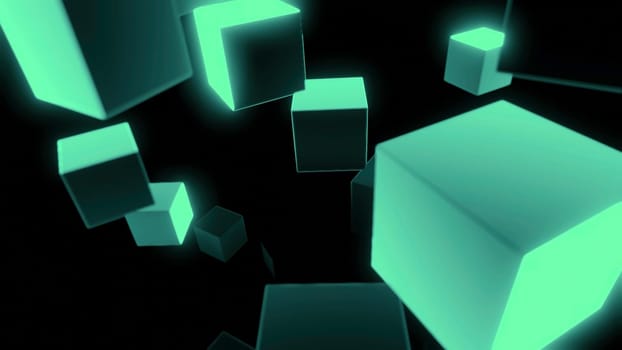 3D cubes rotate in air. Design. Glowing 3d cubes move in space on black background. Cubes rotate in flow of space.