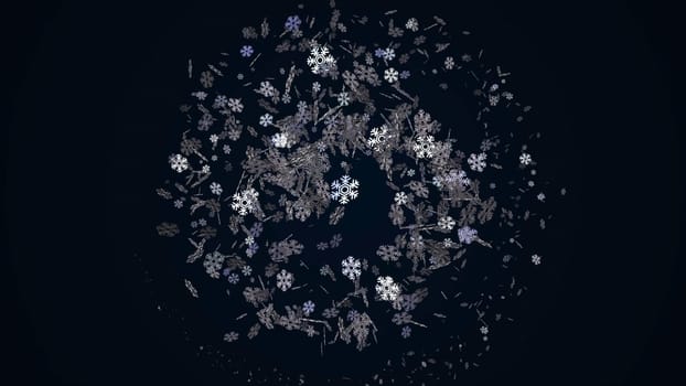 Abstract animated Christmas background with beautiful shimmering snowflakes rotating on the colorful background. Magical New Year backdrop.