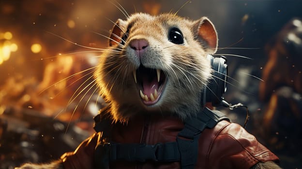 Frightened hamster rodent against background of fire. Protection of animals and environment concept. AI generated