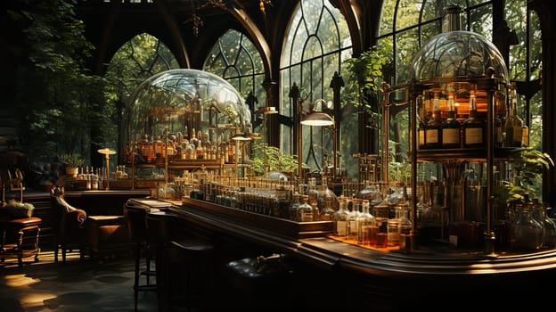 Original architectural exhibition of models of night cities in glass bells. Environmental protection from humans concept. AI generated