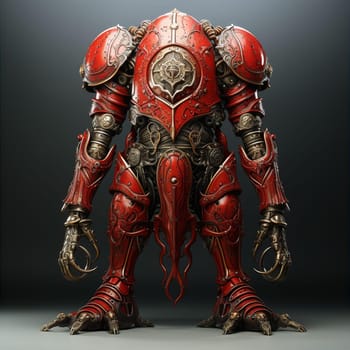 Red metallic superhero costume with armor and tentacles. Science fiction and fairytale heroes concept. AI generated
