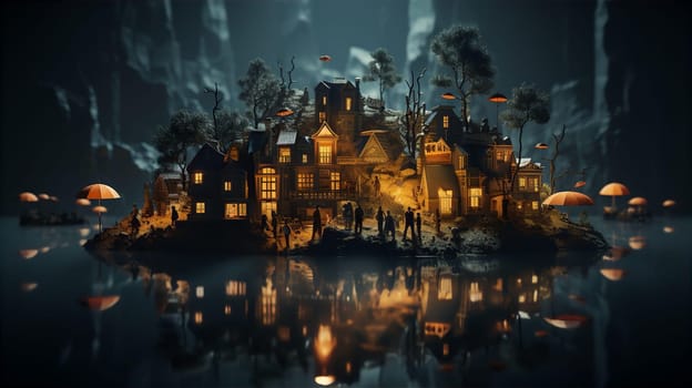 Bright small town with cozy houses among dark rocks. Cozy housing concept. AI generated