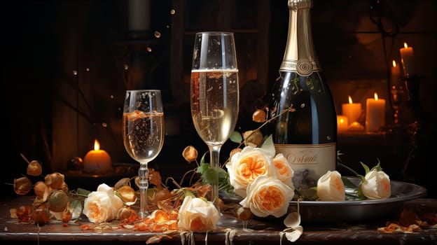 Glass and bottle of champagne on table with fruits and flowers roses. Romantic dinner on honeymoon concept. AI generated