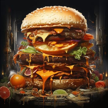 Huge appetizing burger with cheese and meat cutlet on dark background. Fast food concept. AI generated