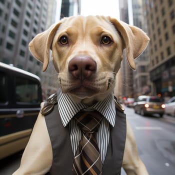 Beautiful elegant dog in business suit with tie in city. Animals like people concept. AI generated