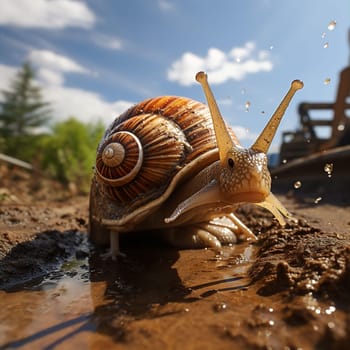 Mutant snail in shape of train with many horns slowly crawling in dirt. Unusual nature and genetic mutations concept. AI generated