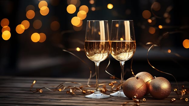 Two glasses of champagne on new year table in evening. Family Christmas celebration concept. AI generated
