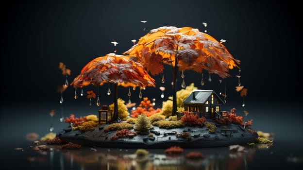 Toy little house standing under umbrella of autumn trees. Home property insurance concept. AI generated
