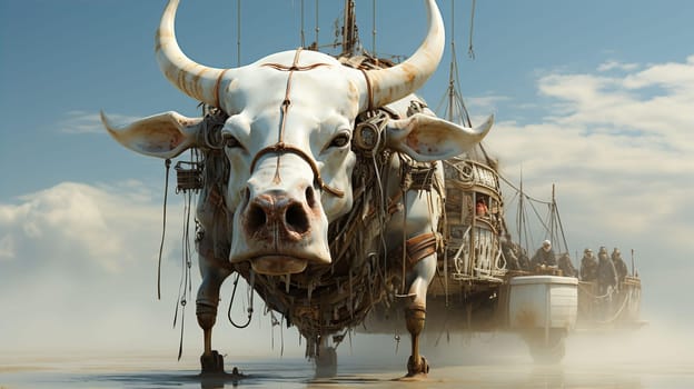 White bull robot carrying ship along seashore. Future realistic technology concept. AI generated