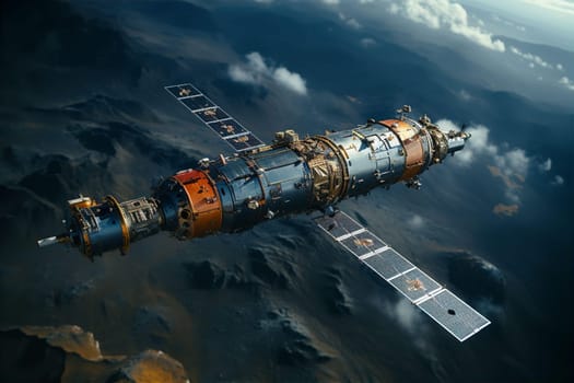 International orbital space station in orbit of planet earth. New space technology concept. AI generated