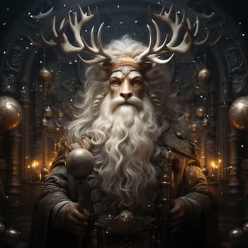 Fairytale man with face of lion or tiger and antlers of deer with gray beard on royal throne. Magic and witchcraft concept. AI generated
