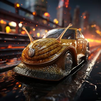 Strange unusual car in shape of snail with shell driving through city at night. Slow car traffic concept. AI generated