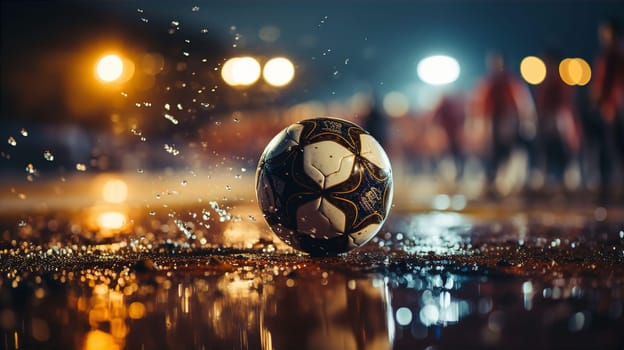 Soccer ball on dirty field at end of game closeup. Professional sport soccer concept. AI generated