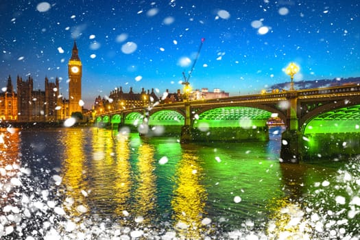 Big Ben clock tower in London sundown winter snow view from Thames river, capital of UK famous landmark