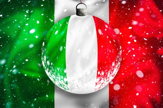 Italy flag snow view through glass Christmas ball, xmas season illustration, Rome, Italy