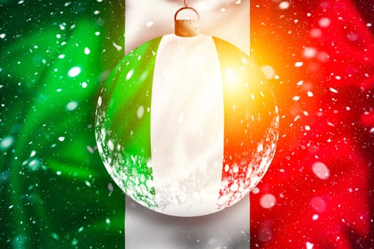 Italy flag snow view through glass Christmas ball with light effect, xmas season illustration, Rome, Italy