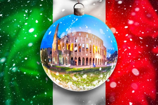 Rome Colosseum on Italy flag snow view through glass Christmas ball, xmas season illustration, Rome, Italy