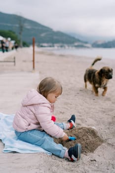 Little girl is digging a hole in the sand with a toy shovel while sitting on a blanket on the seashore. Side view. High quality photo