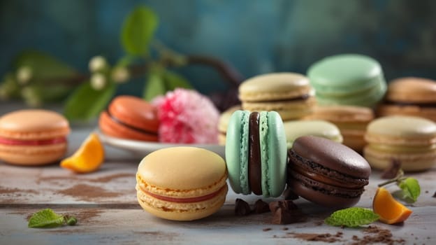 Macaroons on a beautiful background. high resolution selective focus. food . Generative AI,