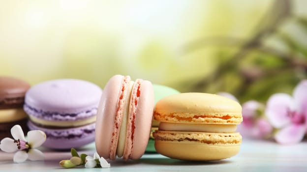 Macaroons on a beautiful background. high resolution selective focus. food . Generative AI,