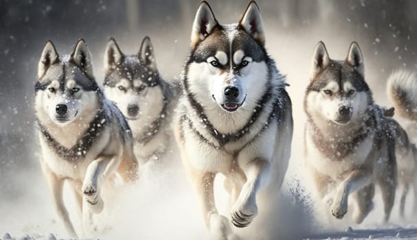 Huskies running in the snow. selective focus. animals Generate AI