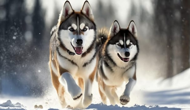 Huskies running in the snow. selective focus. animals Generate AI