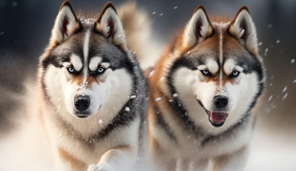 Huskies running in the snow. selective focus. animals Generate AI