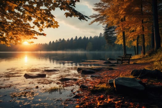 Peaceful autumn landscape with tree and foggy lake, golden hour, sunrise. AI Generated