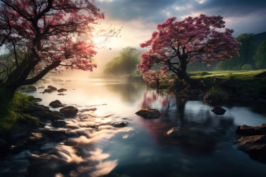 Peaceful spring landscape with tree and foggy lake, golden hour, sunrise. AI Generated