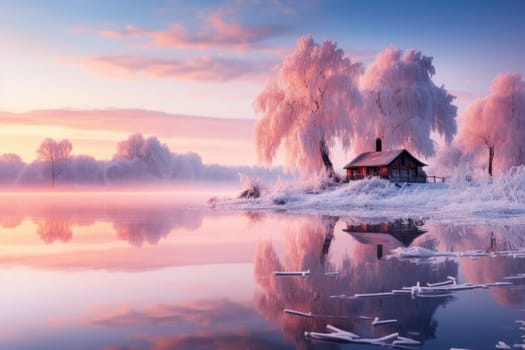 Peaceful winter landscape with tree and foggy lake, golden hour, sunrise. AI Generated