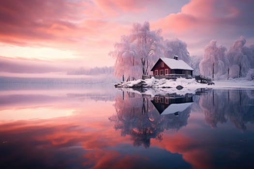 Peaceful winter landscape with tree and foggy lake, golden hour, sunrise. AI Generated