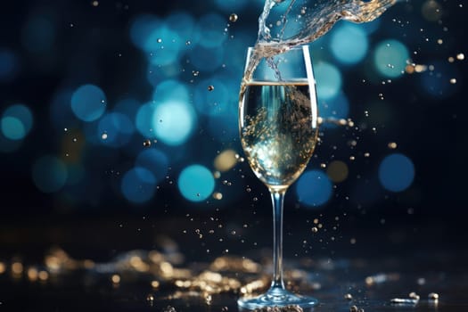 Champagne glass filled with sparkling drink, blue background,. AI Generated