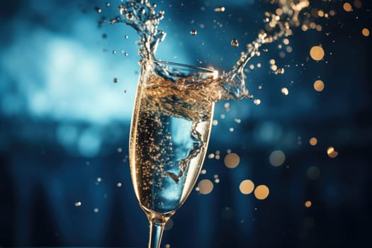 Champagne glass filled with sparkling drink, blue background,. AI Generated