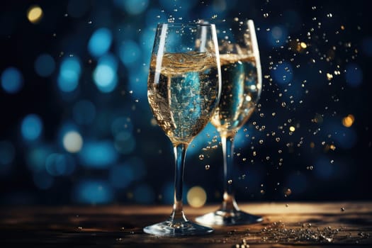 Champagne glass filled with sparkling drink, blue background,. AI Generated