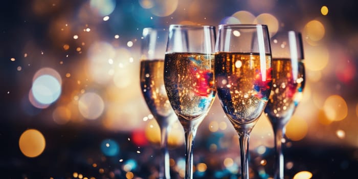 Champagne glass filled with sparkling drink, blurred background,. AI Generated