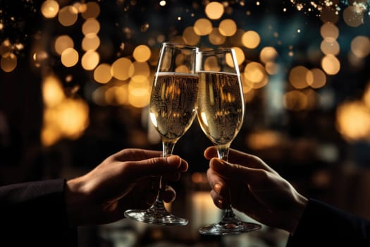 Closeup of hands toasting with champagne glasses at party against glittering background with confetti, AI Generated