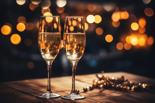 Champagne glass filled with sparkling drink, blurred background,. AI Generated