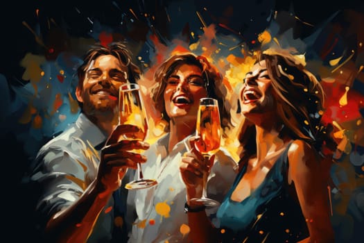 Christmas party time. Young people toasting with champagne flutes. Multiethnic friends congratulating each other with new year. AI Generated
