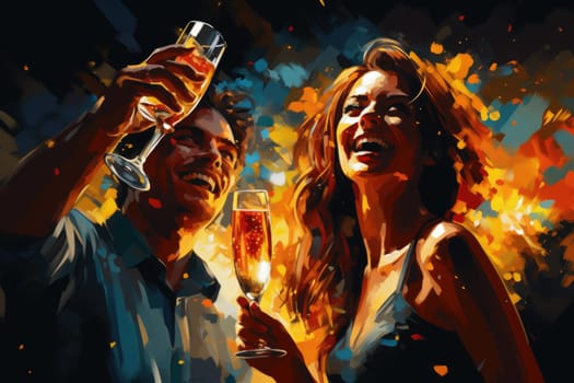 Christmas party time. Young people toasting with champagne flutes. Multiethnic friends congratulating each other with new year. AI Generated