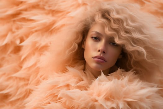woman on abstract natural background, concept color of the year 2024 Peach Fuzz. AI Generated