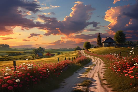 Peaceful countryside landscape with tree and flower fields, golden hour, sunrise. AI Generated