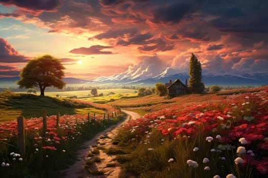 Peaceful countryside landscape with tree and flower fields, golden hour, sunrise. AI Generated