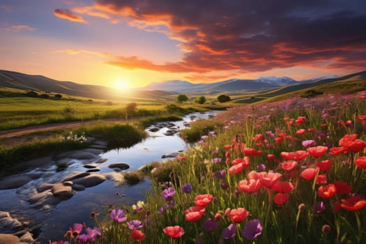 Peaceful countryside landscape with tree and flower fields, golden hour, sunrise. AI Generated