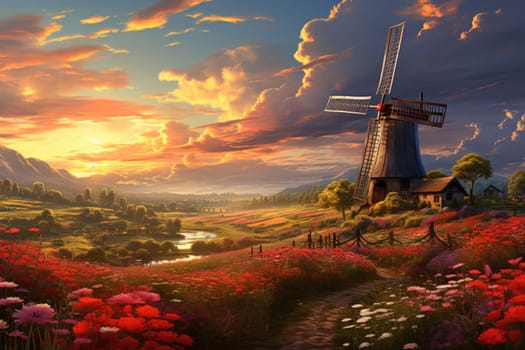Peaceful countryside landscape with tree and flower fields, golden hour, sunrise. AI Generated