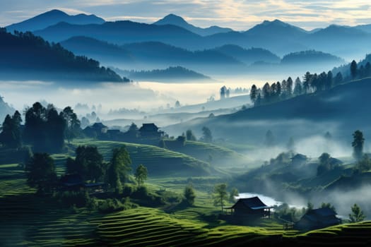 Peaceful countryside mountain landscape with tree and flower fields, golden hour, sunrise. AI Generated