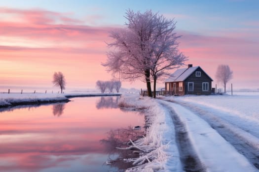 Peaceful winter landscape with tree and foggy lake, golden hour, sunrise. AI Generated