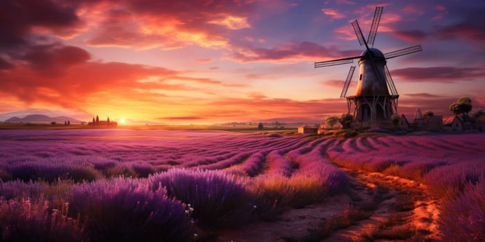 Peaceful countryside landscape with lavender fields, golden hour, sunrise. AI Generated