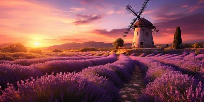 Peaceful countryside landscape with lavender fields, golden hour, sunrise. AI Generated